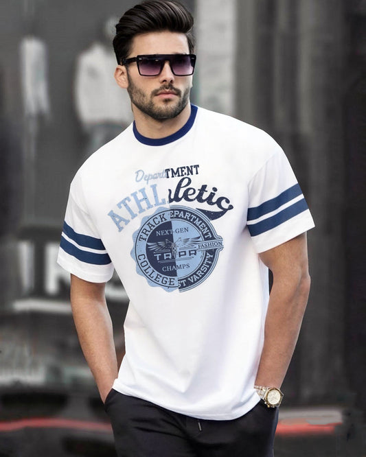 White Logo Printed Plain Color Drop Shoulder T-Shirt