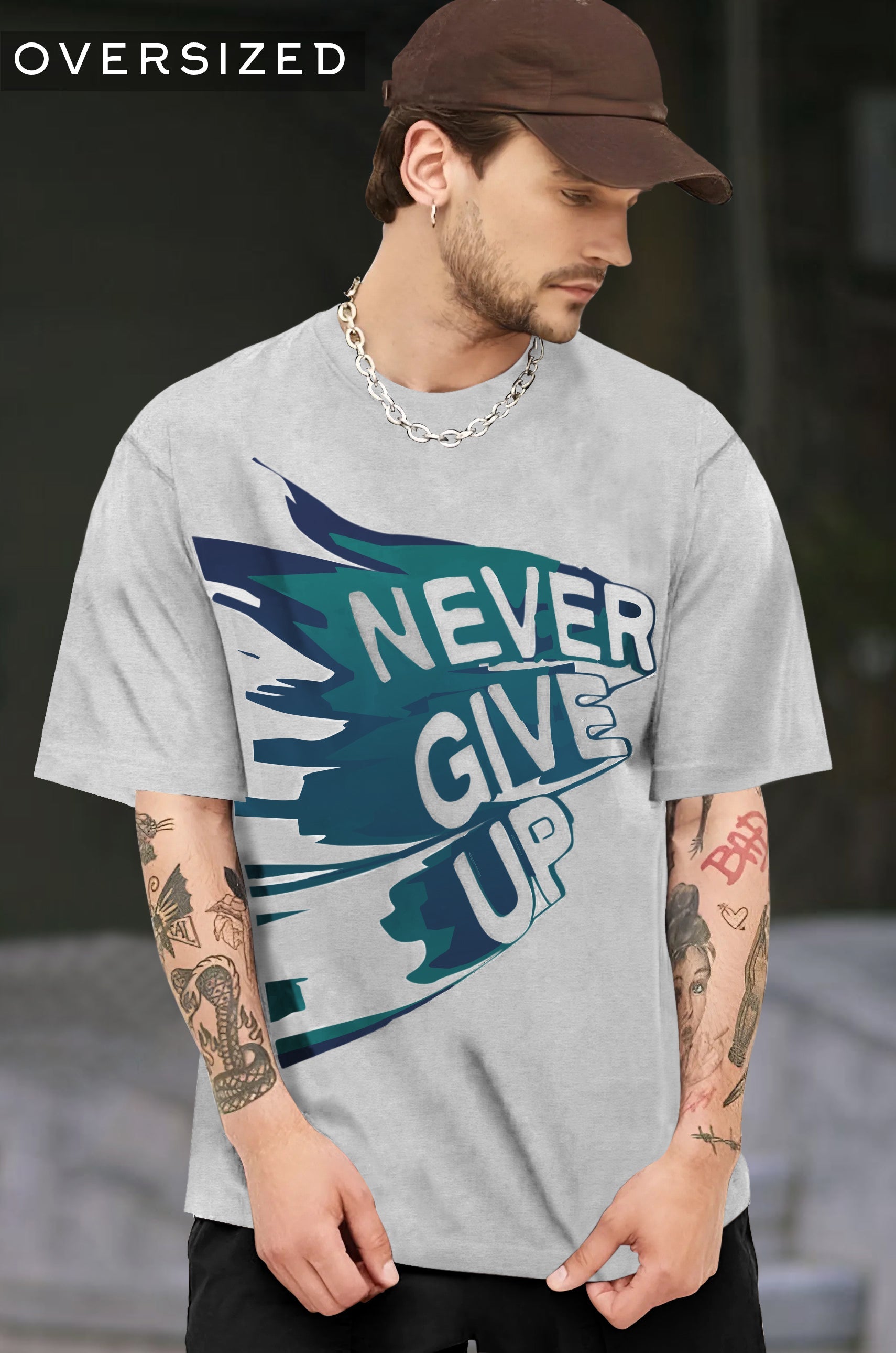 Men Grey Never Give Up Quote Printed Oversized T-Shirt