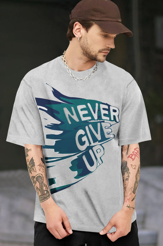 Men Grey Never Give Up Quote Printed Oversized T-Shirt