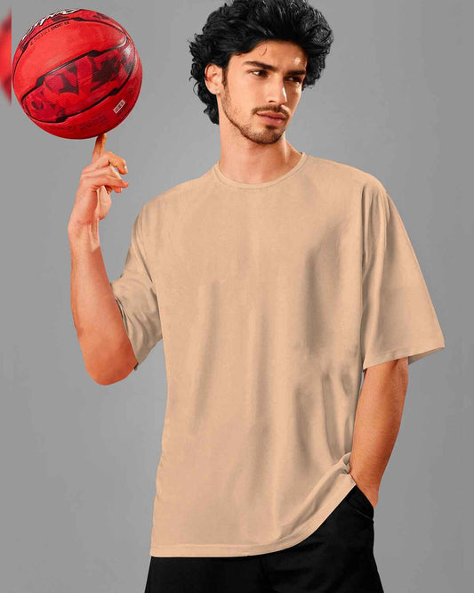 Mens Round Neck Solid Over Size T-shirt / Beige