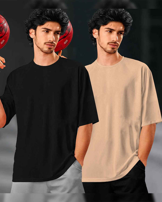 (Pack Of 2) Men Plain Oversized T-shirts / Black & Beige