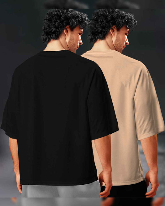(Pack Of 2) Men Plain Oversized T-shirts / Black & Beige