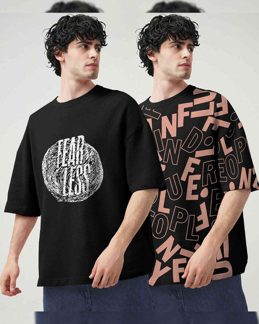 (Pack Of 2) Men Printed Oversized T-shirts / Black