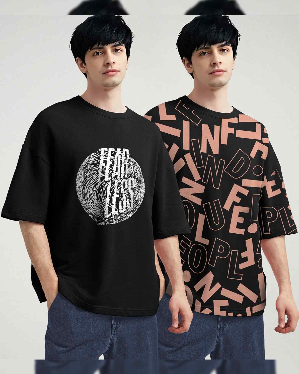 (Pack Of 2) Men Printed Oversized T-shirts / Black