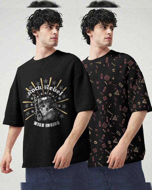 (Pack Of 2) Men Printed Oversized T-shirts / Black