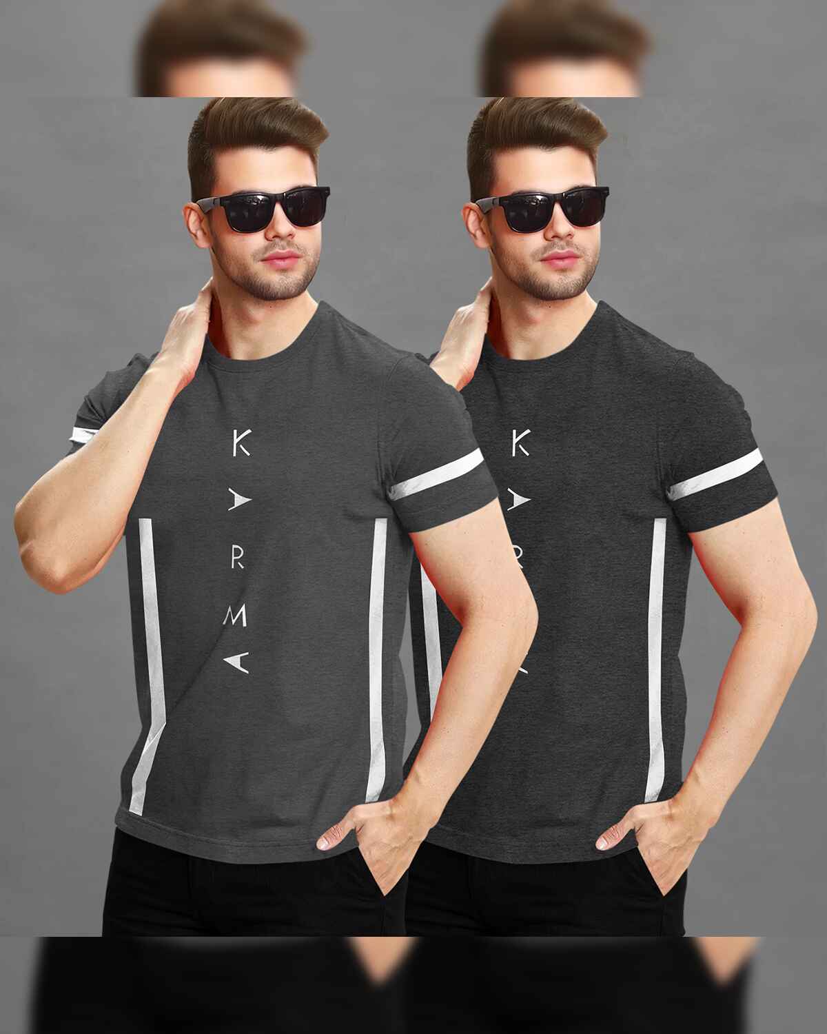 (Pack Of 2) Half Sleeve Karma Printed T-shirts / Darkgrey & Charcoalblack