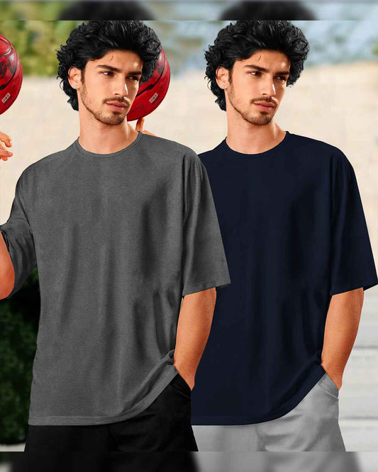 (Pack Of 2) Men Plain Oversized T-shirts / Darkgrey & Navy