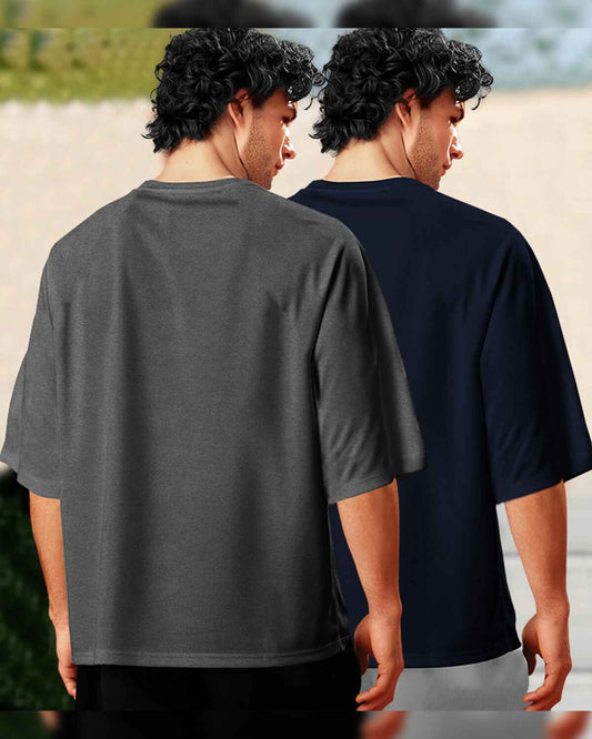(Pack Of 2) Men Plain Oversized T-shirts / Darkgrey & Navy
