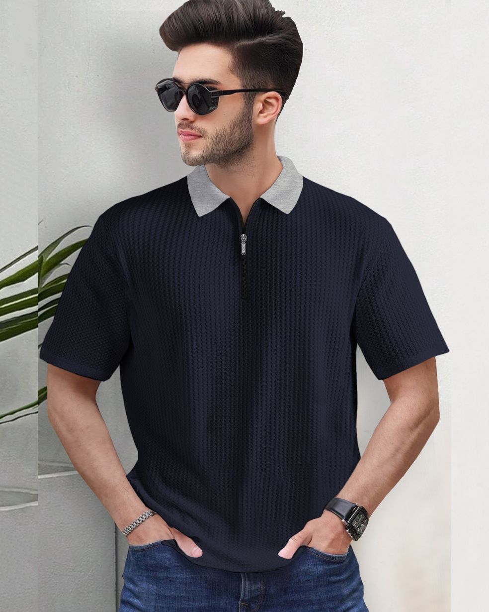 Polo Collar Half Sleeve Navyblue Contrast Waffle Textured T-shirt