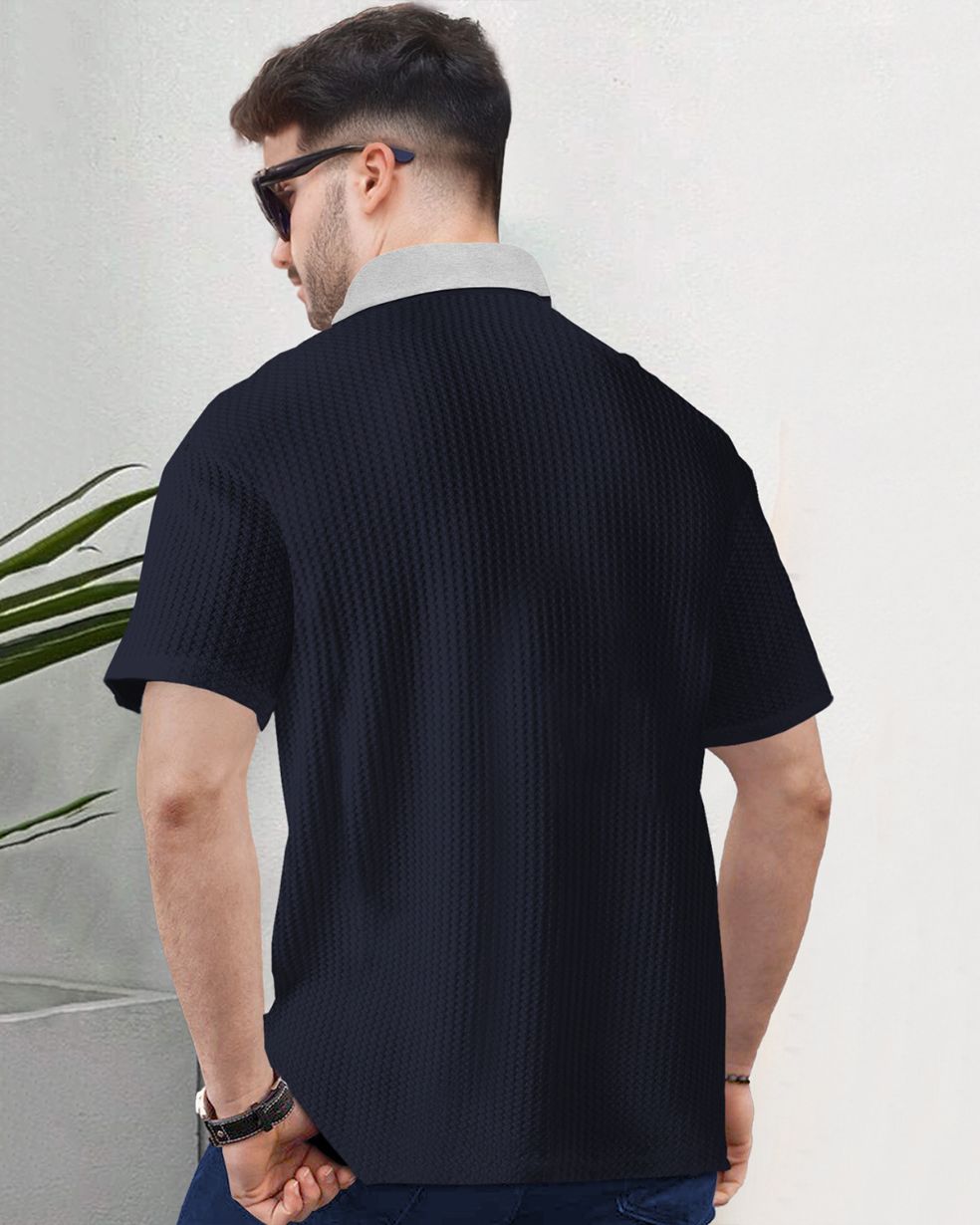 Polo Collar Half Sleeve Navyblue Contrast Waffle Textured T-shirt