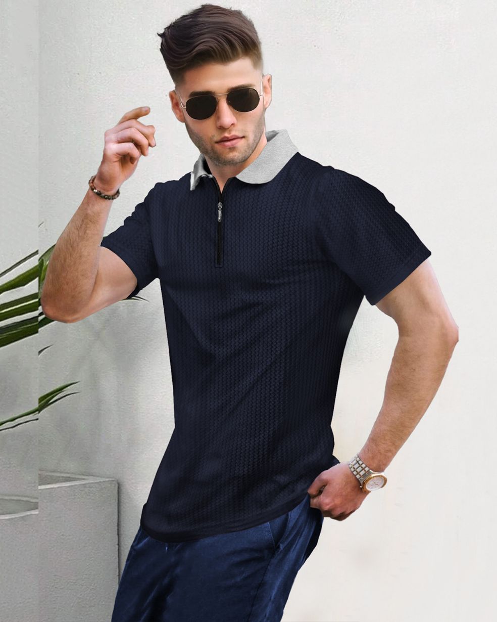 Polo Collar Half Sleeve Navyblue Contrast Waffle Textured T-shirt