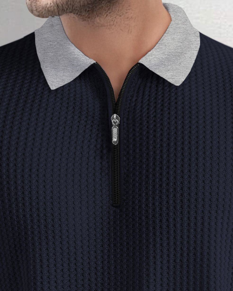 Polo Collar Half Sleeve Navyblue Contrast Waffle Textured T-shirt