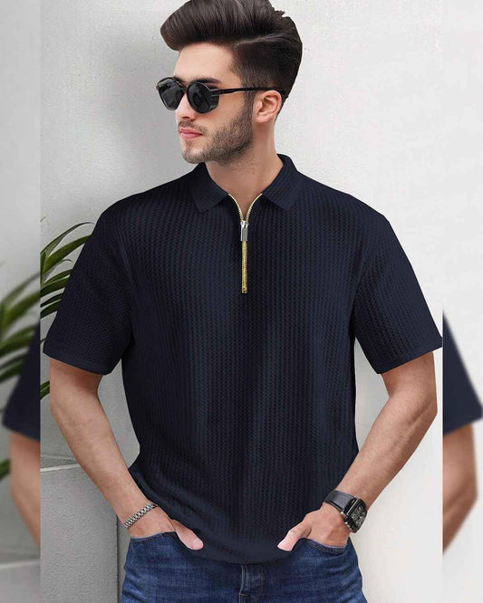 Mens Textured Half Sleeve Zipper Polo Fit Waffle T-shirt / Navyblue
