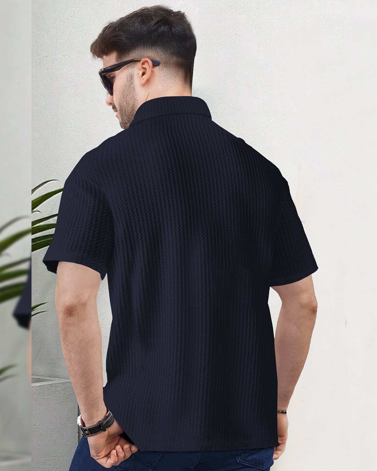 Mens Textured Half Sleeve Zipper Polo Fit Waffle T-shirt / Navyblue