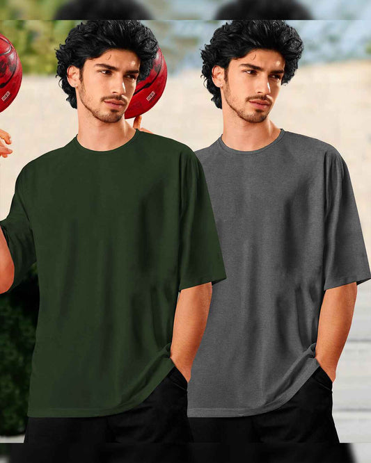 (Pack Of 2) Men Plain Oversized T-shirts / Olive & Darkgrey
