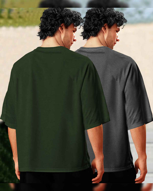 (Pack Of 2) Men Plain Oversized T-shirts / Olive & Darkgrey