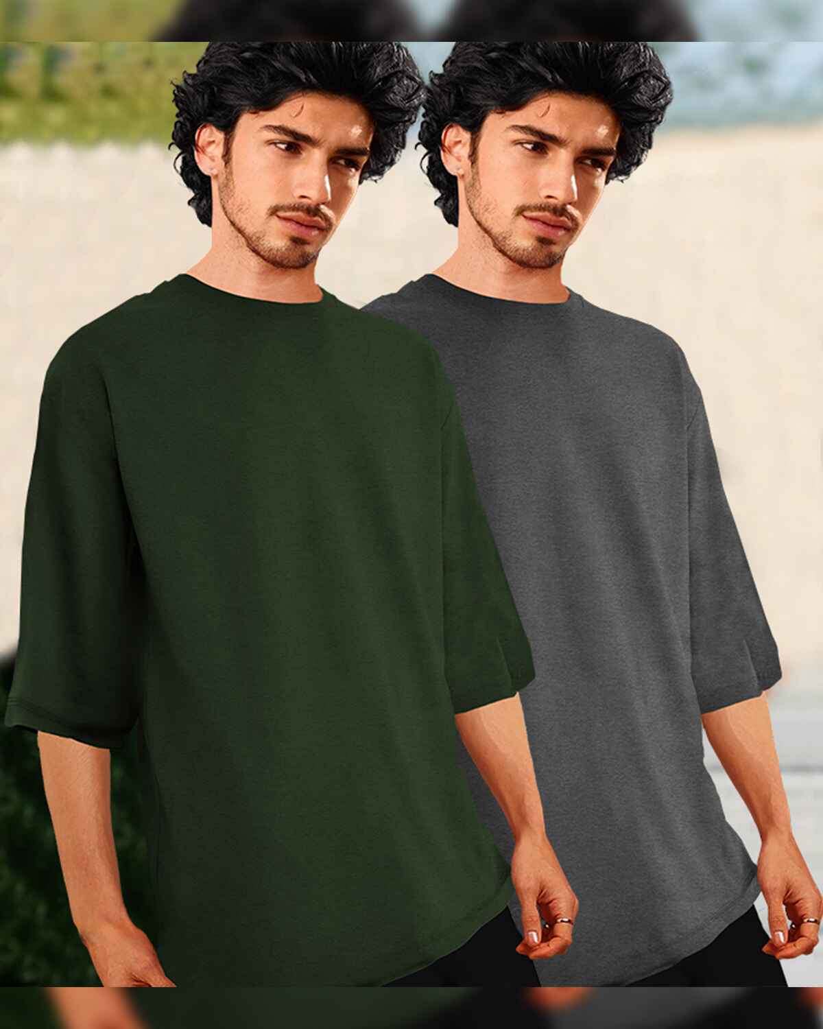 (Pack Of 2) Men Plain Oversized T-shirts / Olive & Darkgrey