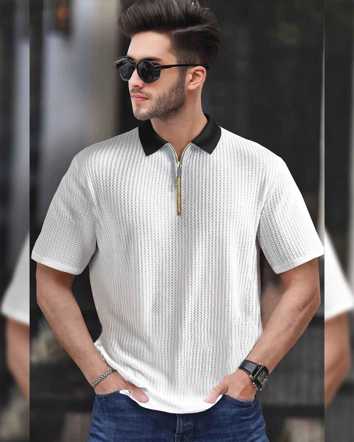 Men Half Sleeve Plain Textured Waffle T-Shirt / White & Black