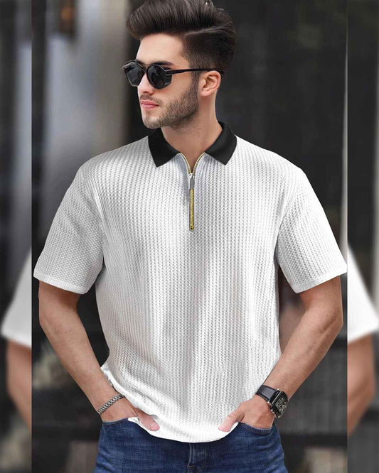 Men Half Sleeve Plain Textured Waffle T-Shirt / White & Black