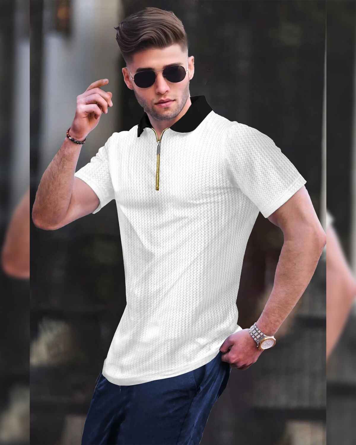Men Half Sleeve Plain Textured Waffle T-Shirt / White & Black