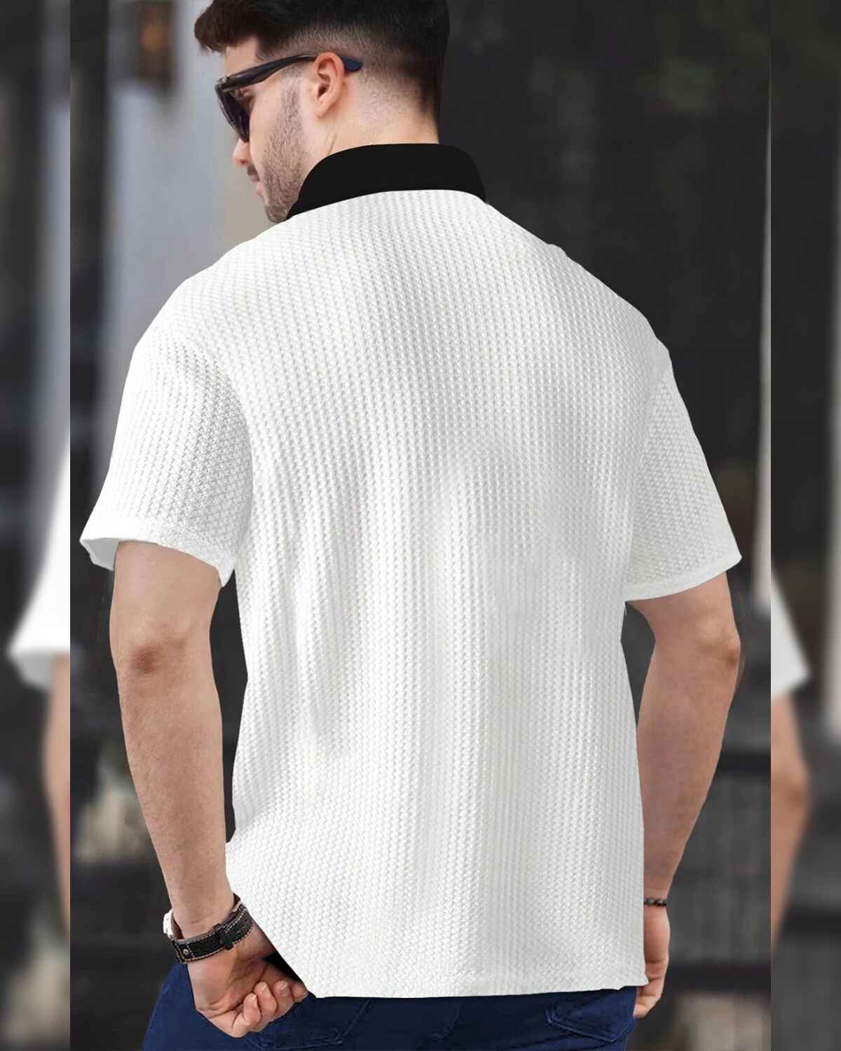 Men Half Sleeve Plain Textured Waffle T-Shirt / White & Black