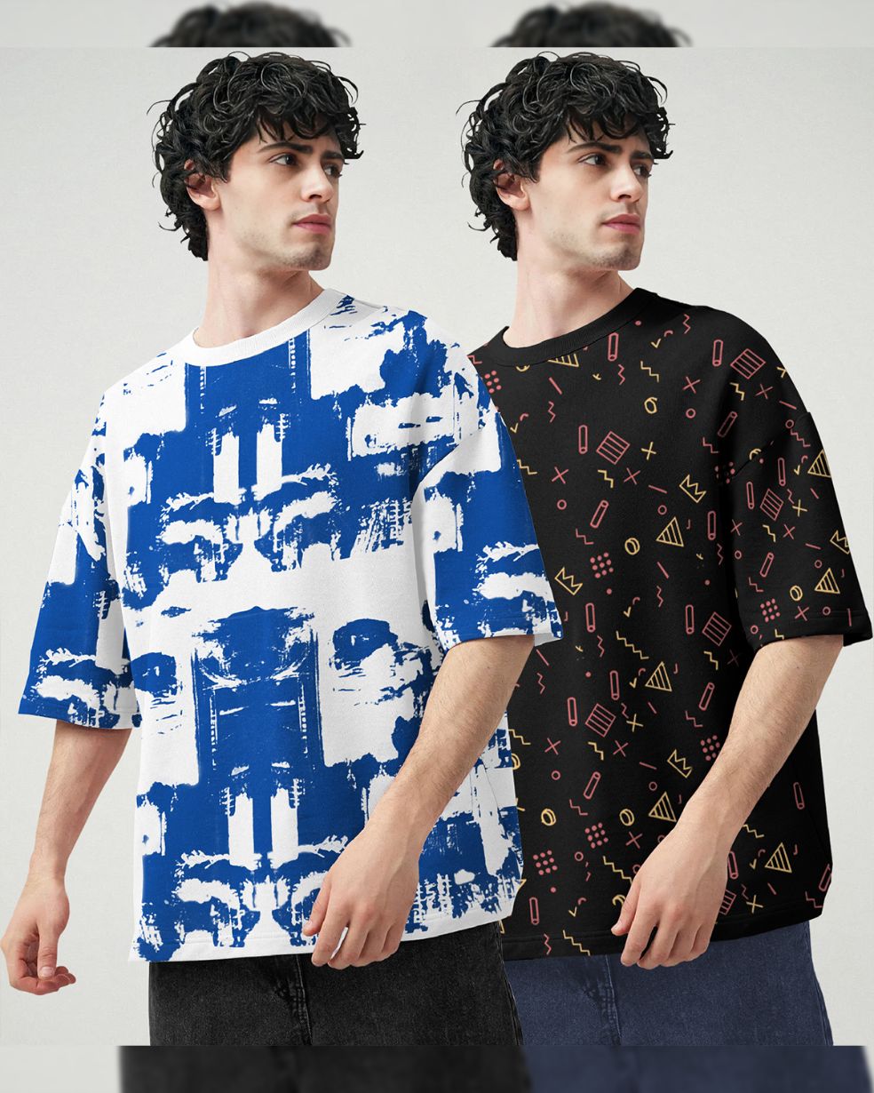 (Pack Of 2) Men Printed Oversized T-shirts / White & Black