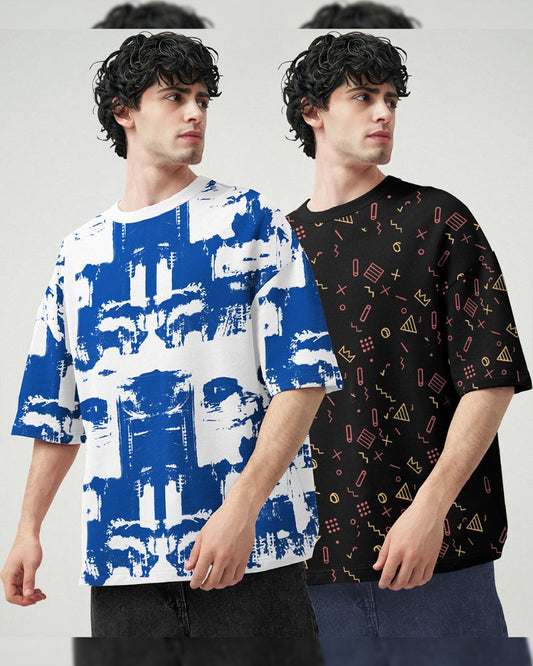 (Pack Of 2) Men Printed Oversized T-shirts / White & Black