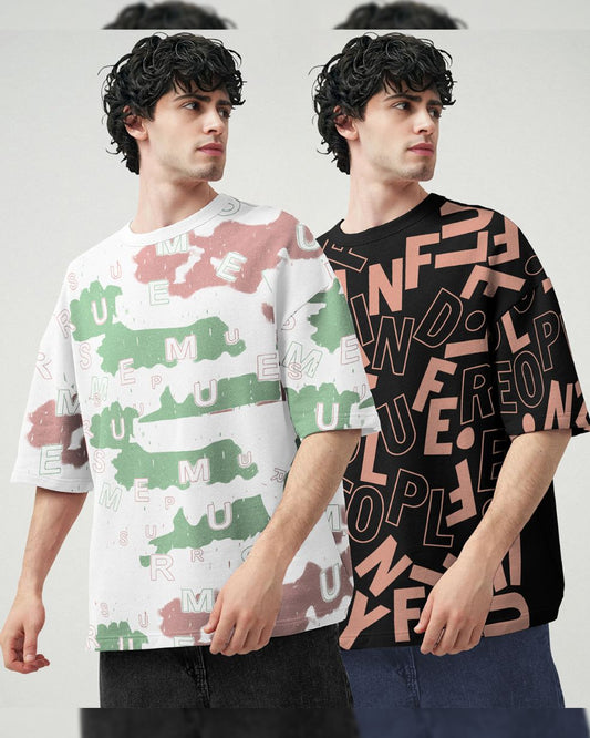 (Pack Of 2) Men Printed Oversized T-shirts / White & Black
