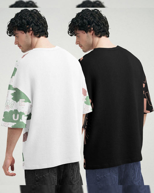 (Pack Of 2) Men Printed Oversized T-shirts / White & Black