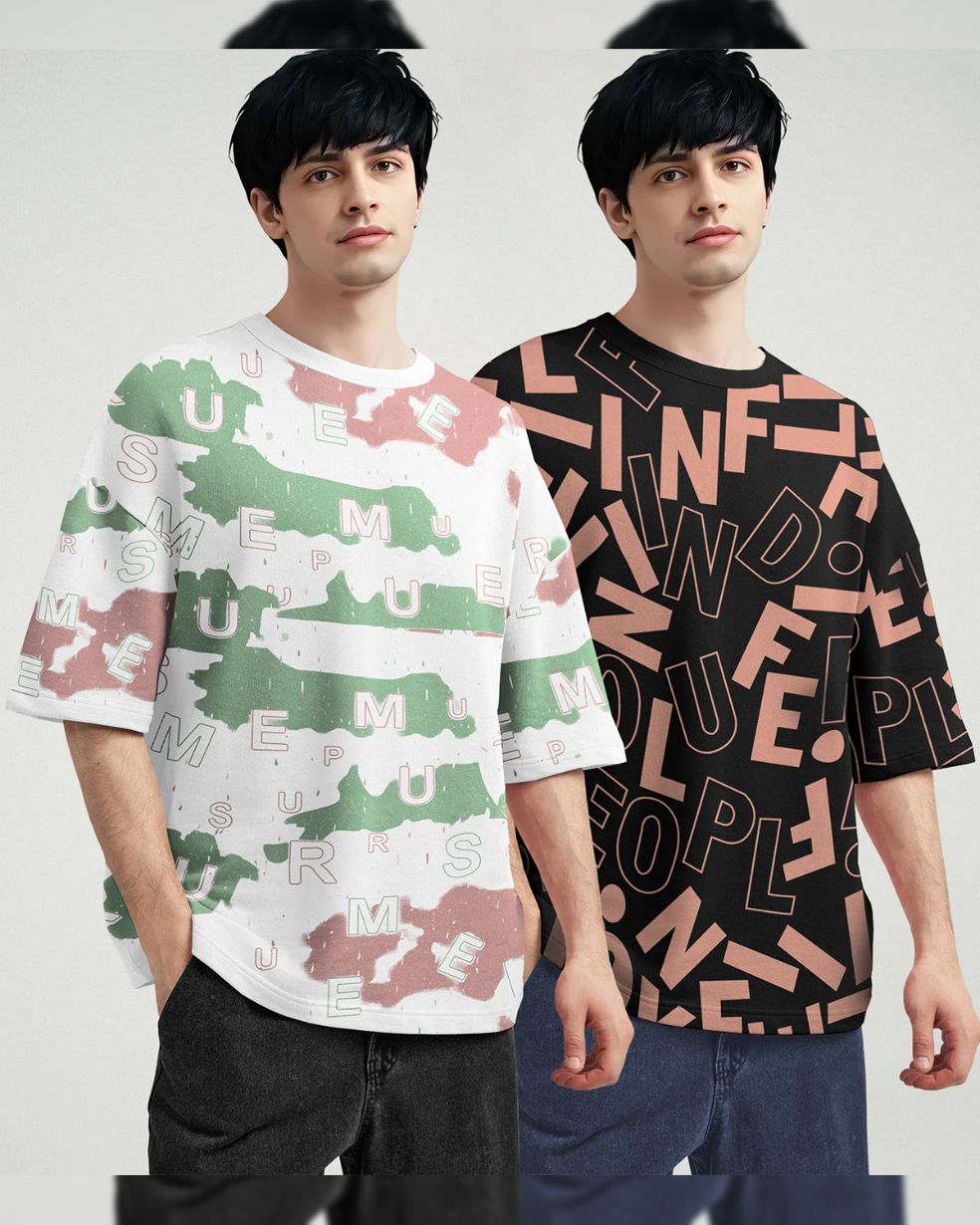 (Pack Of 2) Men Printed Oversized T-shirts / White & Black