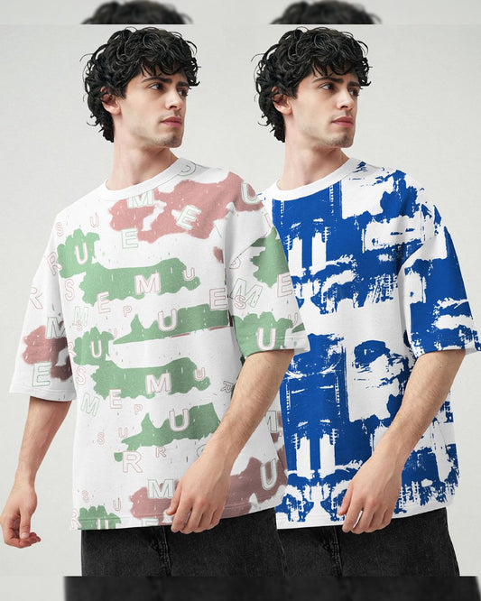 (Pack Of 2) Men Printed Oversized T-shirts / White