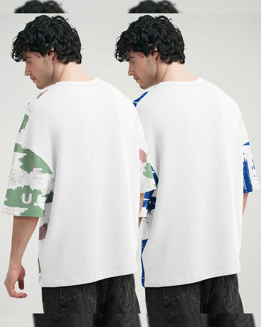 (Pack Of 2) Men Printed Oversized T-shirts / White